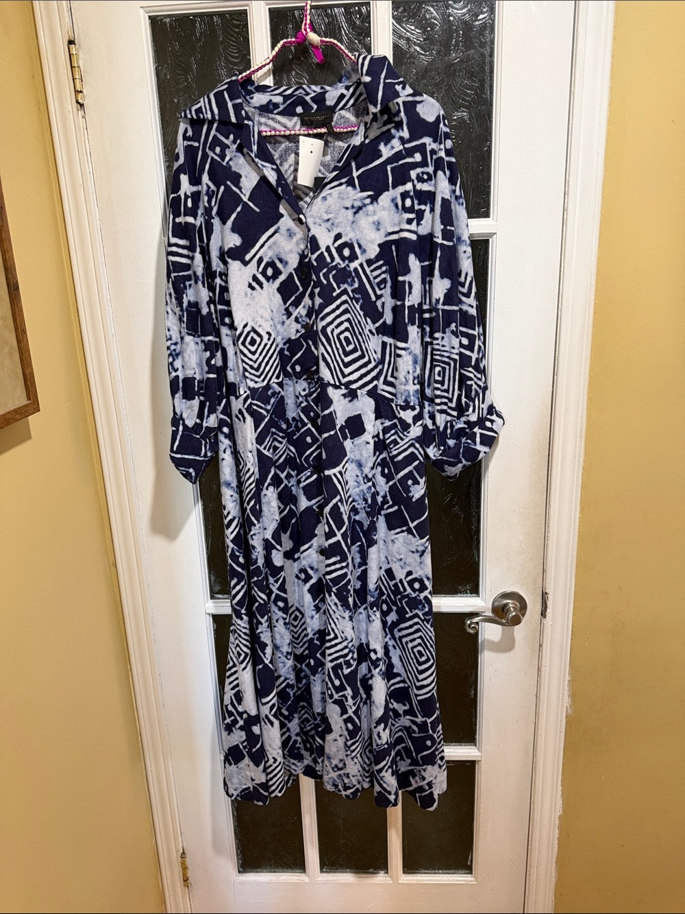 Donna Karan Navy and White Long Sleeve Geometric Shirt Dress